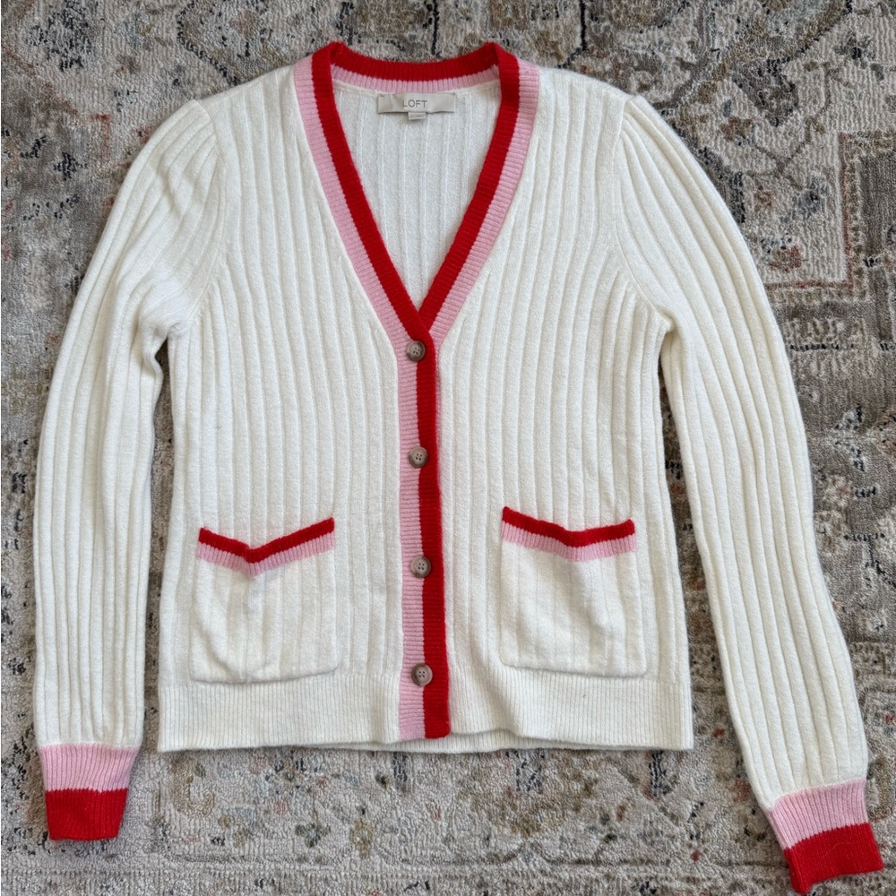 LOFT Cream Cardigan with Red Accents